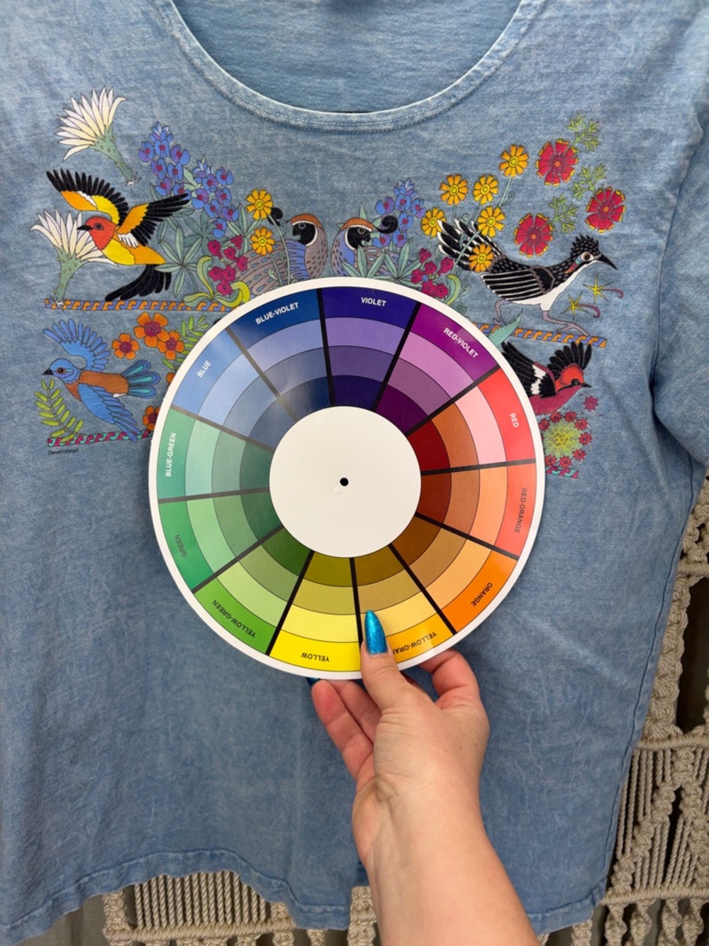 Sabaku Artwear Light Blue Tee with Multicolor Bird & Floral Graphic | Small - Picture 9 of 11